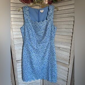 J CREW Women’s Size 8 Sleeveless Sheath Dress Blue Basketweave Floral w/ Pleats